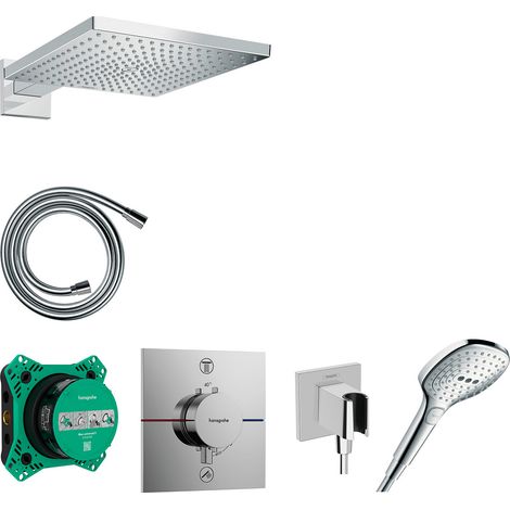 Hansgrohe – Colonne de douche encastrée 300mm – Douche de tête RainAir – Douchette à main avec 3 jets – Thermostatique ShowerSelect Comfort E – Chrome