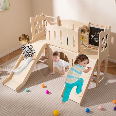 Aire de Jeux Intérieure 8 en 1 Château avec Toboggan en Bois Structure d'Escalade Échelles Rangement de Jouets pour 3+ Ans Naturel (1/2)