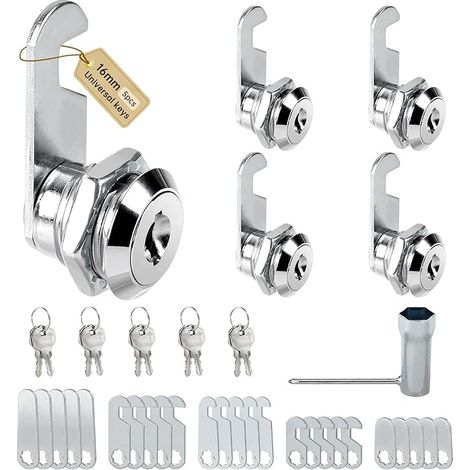 Lot de 5 serrures de boîte aux lettres - 16 mm - Serrure à cylindre - Serrure d'armoire avec 5 plaques de serrure différentes et 10 clés universelles - Serrure à came, serrure de meuble (1/5)