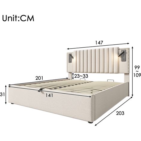 Lit capitonné 140x200, lit 2 places avec espace de rangement intégré, coffre de lit, lampe de chevet USB, tête de lit cloutée, sommier à lattes avec tiroir, coton, couleur beige, matelas inclus (1/5)