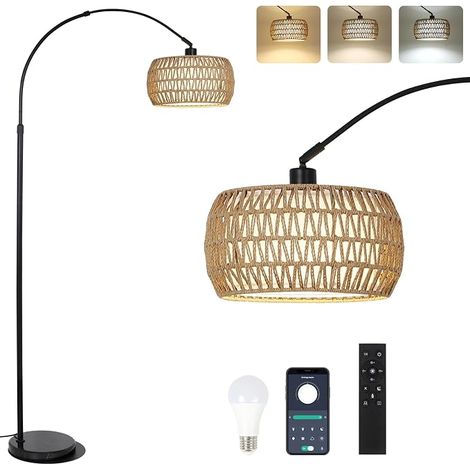 Arc Lamp Living Room Vintage Floor Lamp with Rattan Lampshade Boho with Remote Control and LED Bulb App Control Dimmable (1/5)