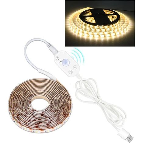 Bande LED de 1 m avec détecteur de mouvement PIR, dimmable, USB, éclairage pour meubles, blanc chaud