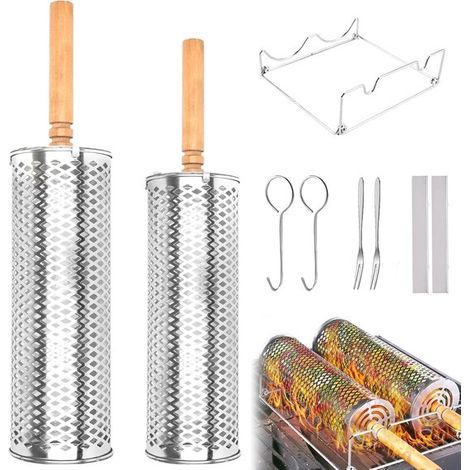 Set mit 9 Grillkörben - Grillzylinder - Grillrost - Grillbesteck - Grillzubehör - Auch für Fleisch und Fisch geeignet - Aus Edelstahl - Ideal für Picknicks im Freien, Lagerfeuer und Camping.