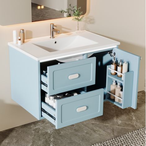 Badezimmermöbel mit integriertem Waschtisch, LED-Radarsensor, 2 Schubladen, blau HAVRYA (1/5)