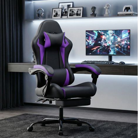 Sedia da gaming nero e viola in PVC con design ergonomico, poggiatesta, supporto lombare, reclinabile e poggiapiedi (1/4)