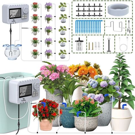 TRJZWA Irrigation Automatique Interieur pour Balcon de Jardin,Ordinateur Irrigation Automatique Goutte à Goutte 2200mAh avec Tuyau Arrosage,Programmateur Arrosage USB-C Rechargeable avec 15 Goutteurs (1/5)