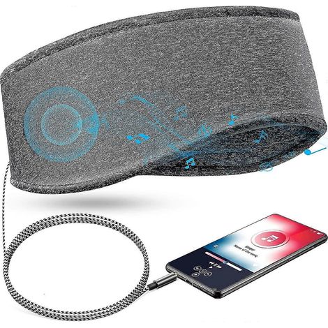 Bandeau de sommeil musical avec écouteurs intégrés, bandeau de voyage souple et élastique avec fil de 3,5 mm et haut-parleur fin, écouteurs musicaux confortables pour dormir (gris) (1/5)