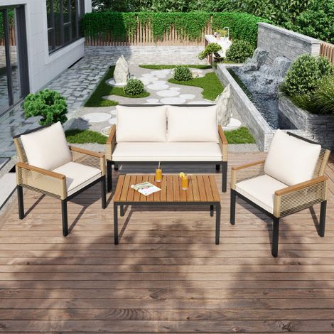Ensemble de jardin pour se détendre, ensemble de mobilier de jardin avec coussins de dossier confortables, comprenant 1 canapé deux places, 2 fauteuils et 1 table, en rotin, ensemble de table et chais (1/5)