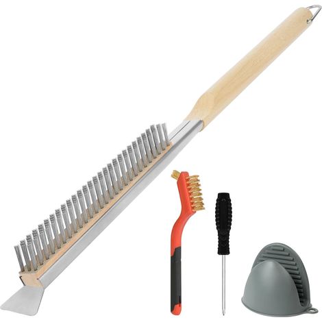 56cm Brosse Four à Pizza, Brosse en Inoxydable Pierre Pizza Brosse Nettoyage Four à Pizza avec Manche Long en Bois Grattoir et Pince Anti-Brûlure, Outil Nettoyage pour Barbecue Cuisine (1/5)