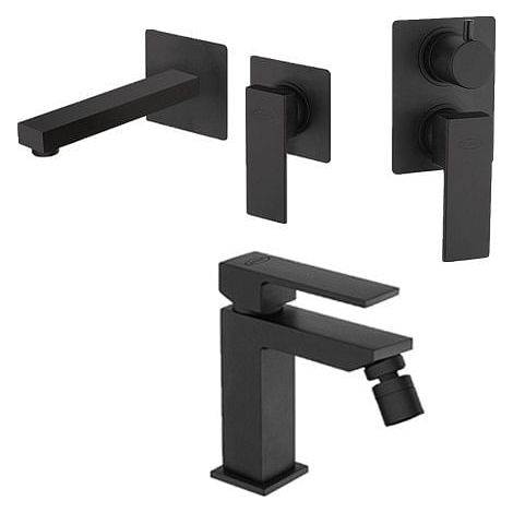 Set Rubinetti Jacuzzi per lavabo a parete e bidet senza scarico e doccia incasso con deviatore serie Twinkle YO nero opaco (1/5)