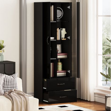 Vitrina LED 59.5x35x182 cm negra en tablero de partículas con puerta acrílica, 2 cajones y estantes (1/5)