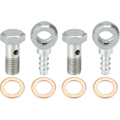 Raccord Ban-Jo 8 Pièces pour Freinage Carburant Métal  Métal, Ø Int 8mm, Ø Ext 6mm, Filetage M8x1, Adaptateur 30x15mm, Rondelle 12x8mm, Vis 25x14mm, Contenu: 2+2+4, Usiné Précision (1/5)