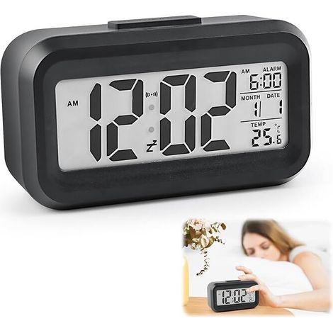 Sveglia digitale KZQ, sveglia digitale LCD a batteria con grande schermo con temperatura, data, funzione snooze, sveglia da viaggio, sveglia luminosa, orologio digitale portatile a batteria per camera (1/4)