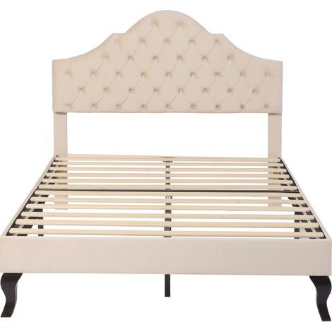 Cama capitoné 140 x 190 cm de terciopelo con somier de láminas y cabecero ajustable beige (1/5)