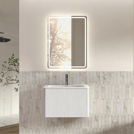 Conjunto de baño con espejo, mueble de lavabo de 60 cm con armario, premontado, armario a rayas con un cajón, blanco, espejo LED sin marco de 60 x 80 cm, horizontal (1/5)