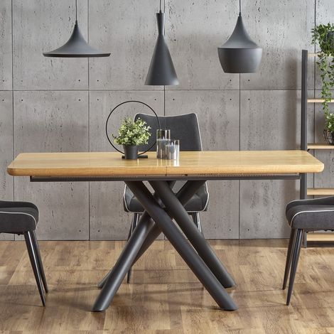Table de salle à manger avec pied central design en acier noir et plateau aspect chêne Montevideo (1/5)
