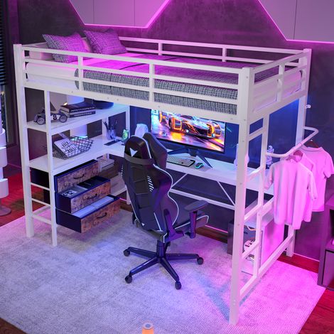 Letto a soppalco per bambini 90×200cm con scrivania e 3 cassetti, presa + USB, senza materasso, bianco