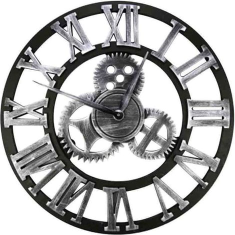 Grande orologio da parete rotondo in metallo in stile vintage, silenzioso, senza ticchettio, a batteria, da 45 cm, con numeri romani neri, per soggiorno, camera da letto, cucina, arredamento, argento. (1/5)