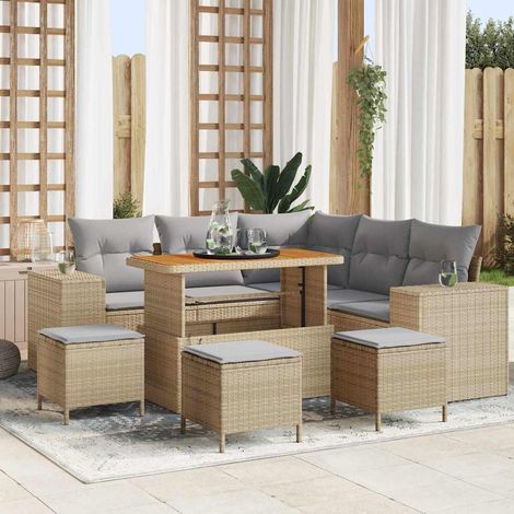 Gartensofa-set mit Kissen 9 pcs Beige und Hellgrau Poly-Rattan (1/5)