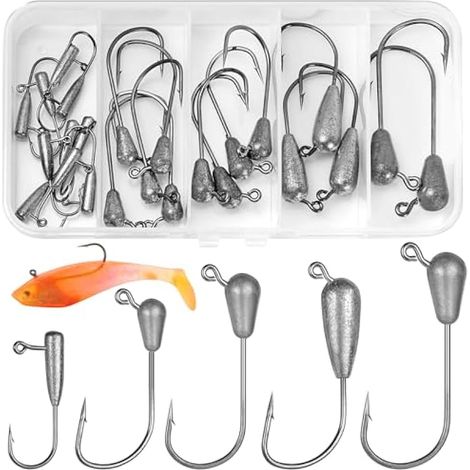 24 pièces/5 tailles Têtes de Jig Tube Kit Hameçons Pêche 9g 6g 4.5g 3g 1.5g Petites Têtes de Jig Pointues pour Pêche en Mer Boîte de Rangement Plastique pour Leurres Souples & Pêche au Bar Truite