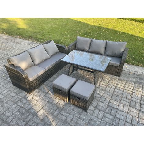 Fimous 8 Seater Garden Furniture Sofa Set Rectangular Dining Table 2 Small Footstool Indoor Outdoor Rattan Set Dark Grey Mixed (1/5)