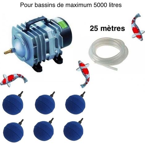 Le Poisson Qui Jardine – Set aérateur bassin 3000-5000 L – Compresseur 2700 L/h – 6 diffuseurs pour bulles fines – Kit prêt à l'emploi