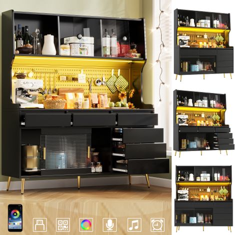 Armoire haute de rangement noire 145×39×171cm MDF métal verre strié portes coulissantes, éclairage LED RGB pilotable par application et musique, panneau perforé intérieur capacité charge 80kg (1/5)