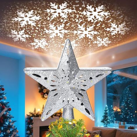 2 pezzi di stelle rotanti 3D glitterate a forma di fiocco di neve per albero di Natale con luci LED cangianti, stelle scintillanti invernali per puntale dell'albero di Natale per decorazioni per feste
