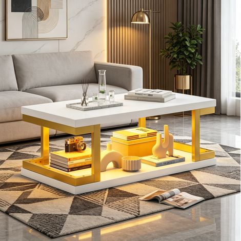 Table basse LED 100x50x37,5 cm avec rangement, contrôle Bluetooth et USB, MDF blanc mat et métal doré (1/5)