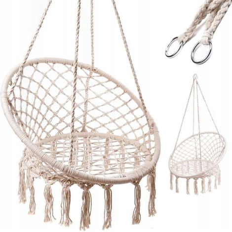 Altalena a nido di cicogna con frange boho BEIGE ecru max. 150kg (1/5)