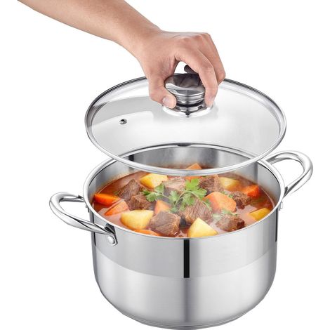 Marmite en acier inoxydable, 7,6 L, avec couvercle en verre, sans PFOA ni PFAS, compatible avec les cuisinières à gaz, à induction et électriques, pour soupes, ragoûts et pâtes. (1/5)