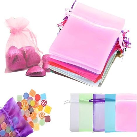 Organzabeutel, bunt, 25 Stück, mit Kordelzug, 10 x 8 cm, kleine Geschenktüte, geeignet als Bonbon-, Schmuck- oder Geschenkbeutel