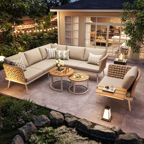 Ensemble de jardin 6 places en forme de L, cadre fer galvanisé, polsters démontables lavables, comprend 2 tables basses en bois et fauteuils, Beige (1/5)