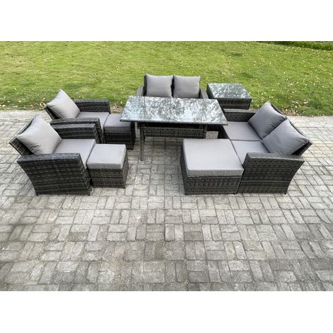 Fimous Garden Furniture Sets 9 Pieces Rattan Furniture Handmade Wicker Patio Sofa Set with 3 Footstools Side Table Dark Grey Mixed (1/5)
