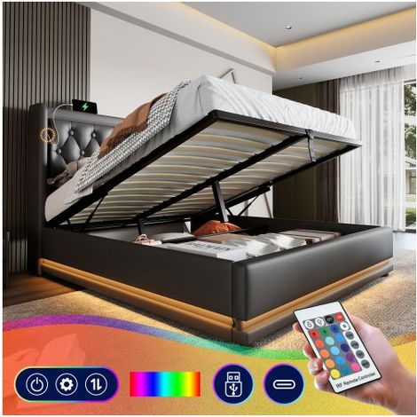 Lit Coffre - SOGEU - 140x200 - PU noir - LED 3 côtés (16 couleurs) - Rangement hydraulique & USB/Type-C (1/5)