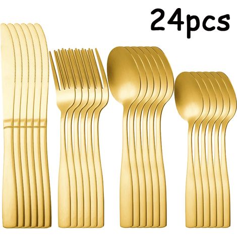 Ensemble de couverts en acier inoxydable doré (24 pièces), ensemble de couverts haut de gamme à manches carrés dorés (1/5)