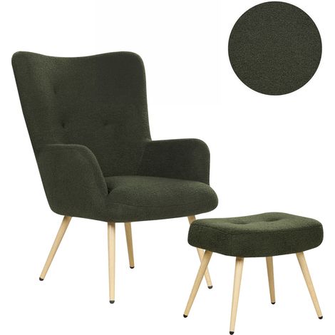 Sillón orejero moderno de mediados de siglo tapizado de bouclé verde oscuro con reposapiés Vejle II (1/5)