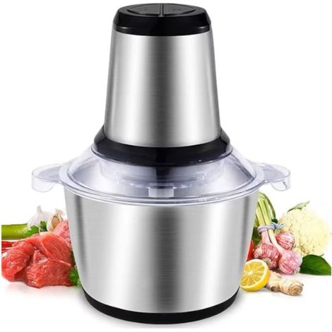 Hachoir électrique multifonction, capacité 2 L, pour viande et légumes, 4 lames en acier inoxydable, bol en acier inoxydable, 2 vitesses, puissance 500 W, argent (1/5)