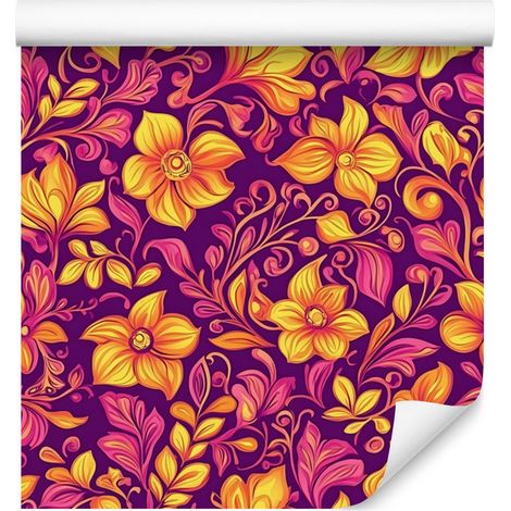 Carta da parati con intricato motivo floreale viola e rosa per soggiorno e camera da letto 50x1000 (1/5)