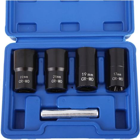 1/2-Zoll-Antriebs-Schlagbolzen-Muttern-Ausdreher-Set, 5-teiliges Radmuttern-Entferner-Set für Radmuttern, 17 mm, 19 mm, 21 mm, 22 mm, Drehsteckschlüssel-Werkzeug-Set, einschließlich einer Stanzstange