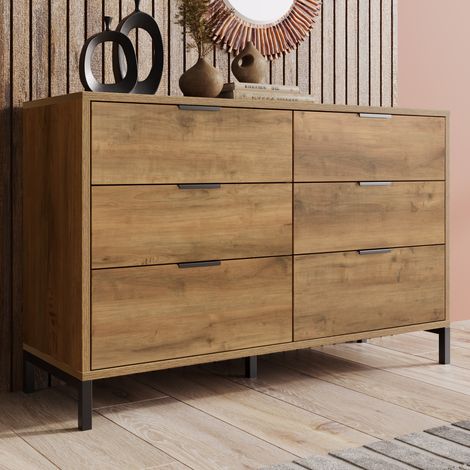 (=834445AAD) Kommode, Sideboard mit 6 Schubladen, 120 x 40 x 76 cm in Dunkle Eiche, Sideboard Highboard für Schlafzimmer & alle Wohnräume