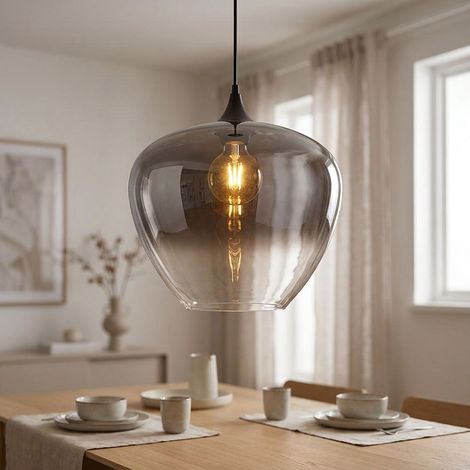Lampada a sospensione per soggiorno in vetro fumé e metallo, altezza 120 cm (1/5)