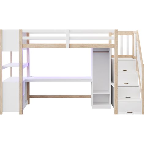 Letto a soppalco 90 x 200 cm con scrivania, armadio, ripiani e LED, bianco e naturale (1/5)