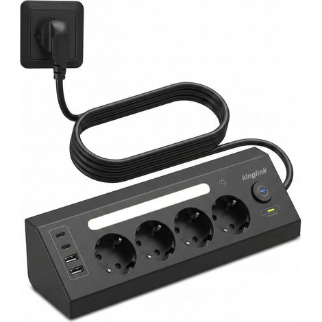Multiprise avec prise USB C, parasurtenseur USB, avec interrupteur et veilleuse LED, prise d'angle pour cuisine et bureau, câble de 1,8 m, noir (1/5)