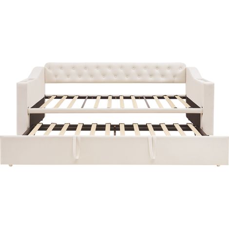 Canapé-lit capitonné beige 90/180x190 cm avec USB, rangements et sommier à lattes HOMVRA (1/5)