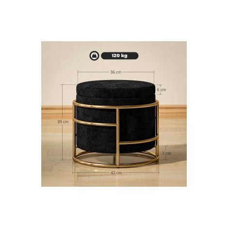 Pouf de rangement noir rembourré avec cadre en métal doré et assise confortable pour salon chambre et entrée (1/5)