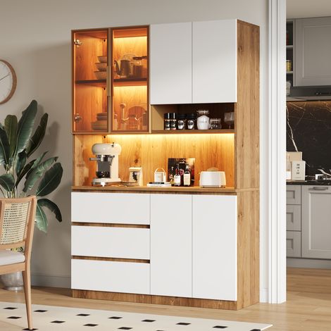 Buffet de cuisine 120,5x40x180cm - led réglable 3 tiroirs 6 portes micro-ondes - panneaux particulesverre - blanc et bois naturel (1/5)