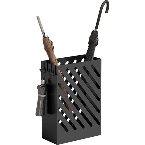 HOMCOM paragüero de acero galvanizado, soporte de paraguas estrecho con bandeja de goteo extraíble, 4 ganchos, diseño de cortes, 28x14x41 cm, negro (1/5)