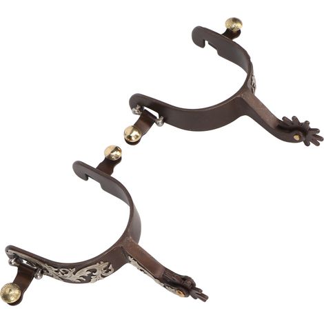 Lot de 2 éperons de cowboy western vintage en acier à faible teneur en carbone, couleur bronze, avec mécanisme rotatif pour cheval (1/5)