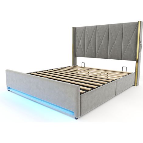 Lit en velours avec tête de lit haute, rembourrée et capitonnée, poches latérales, USB et LED, système de levage hydraulique et grand espace de rangement sous le lit – alliant design, confort et prati (1/5)